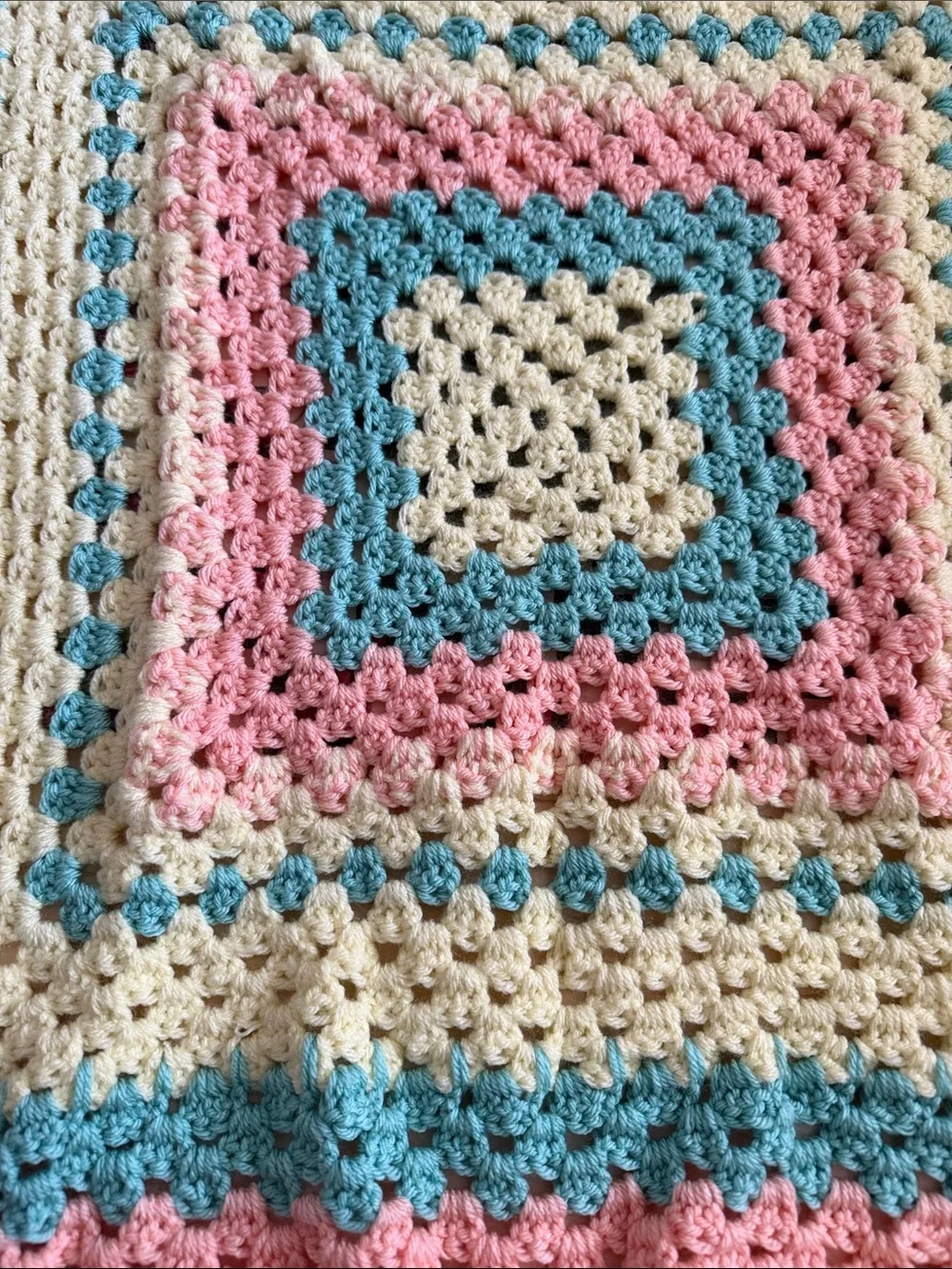 Pastel Crochet Baby Blanket in Pink, Blue, Yellow & Cream